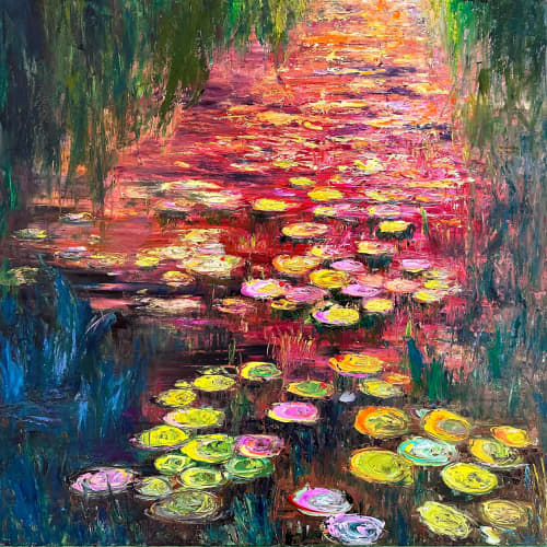 Water Lilies On Fire | Oil And Acrylic Painting in Paintings by Checa Art. Item made of canvas with synthetic