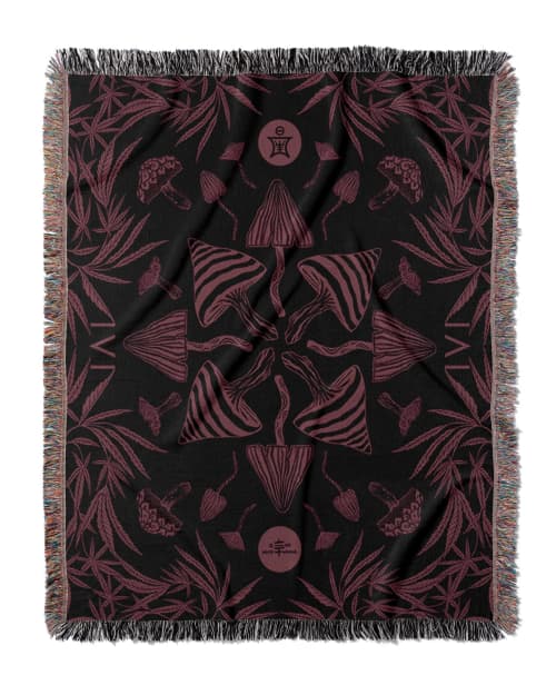 IVI - Mushroom + Cannabis  Blanket Red Purple | Linens & Bedding by Sean Martorana. Item made of cotton
