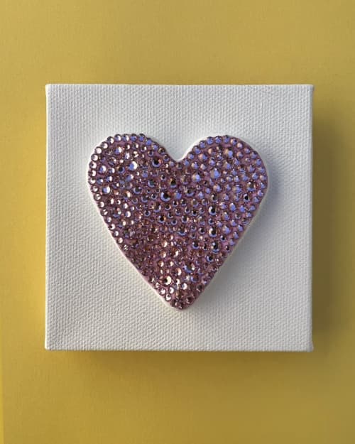 Pink Heart Crystal 4" x 4" | Mixed Media in Paintings by Emeline Tate. Item composed of canvas and synthetic
