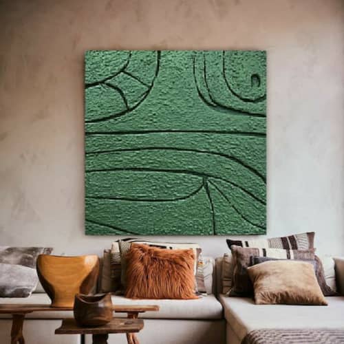 Wabi sabi green minimalist painting green canvas art dark | Mixed Media in Paintings by Berez Art. Item composed of canvas and paper in minimalism or mid century modern style