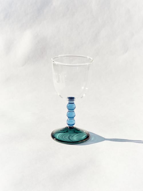 Hand Blown Circle Stem Wine Glass in Blue/Teal | Drinkware by Barton Croft. Item made of glass works with country & farmhouse & japandi style