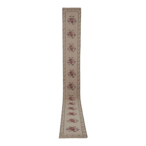 1970s Vintage Floral Aubusson Handmade Kilim Runner Rug | Rugs by Vintage Pillows Store. Item composed of fabric and fiber