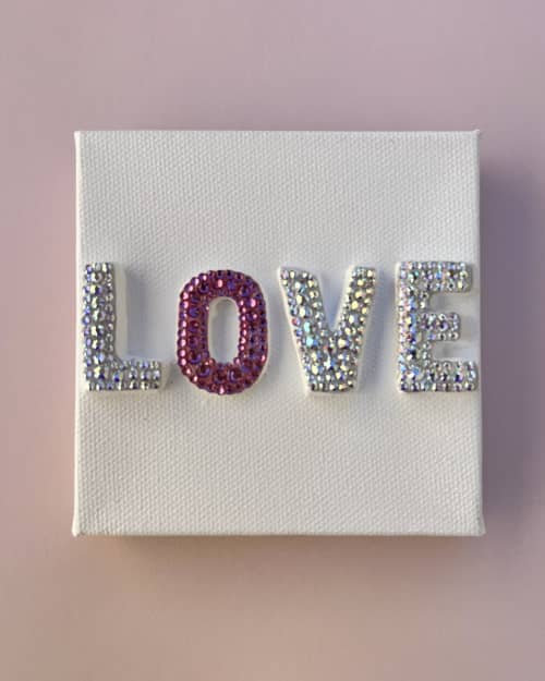 Love with Pink "O" Crystal 4" x 4" | Mixed Media in Paintings by Emeline Tate. Item composed of canvas and synthetic