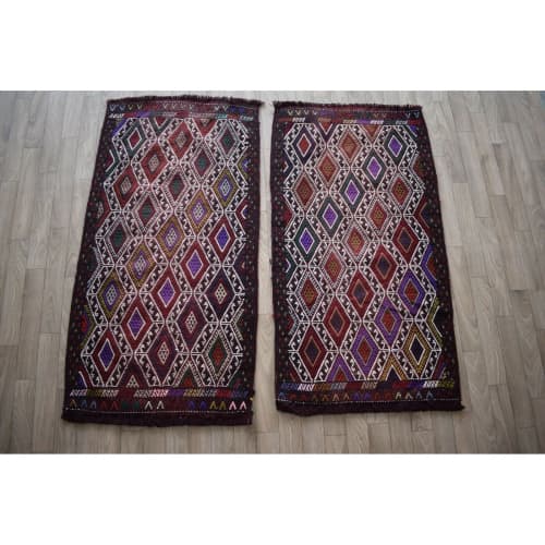 Set Of 2 Vintage Handwoven Small Embroidered Kilim Yastik | Small Rug in Rugs by Vintage Pillows Store. Item composed of fiber