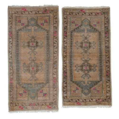 Set of Two Low Pile Turkish Hand Knotted Door Runner Rug | Rugs by Vintage Pillows Store. Item made of cotton with fiber