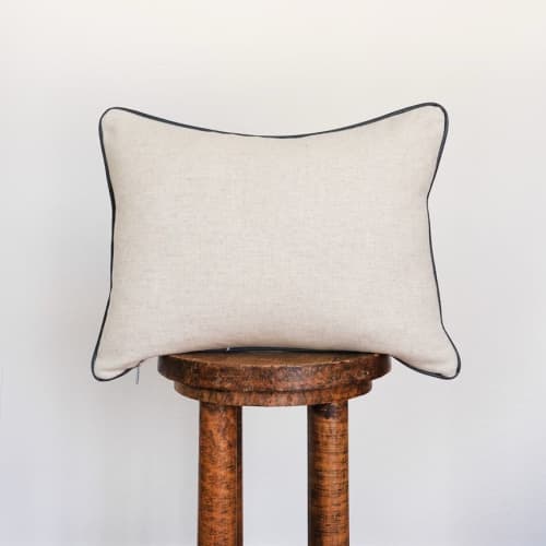 Cream Wool with Charcoal Flecking & Navy Leather Welt 14x18 | Pillow in Pillows by Vantage Design