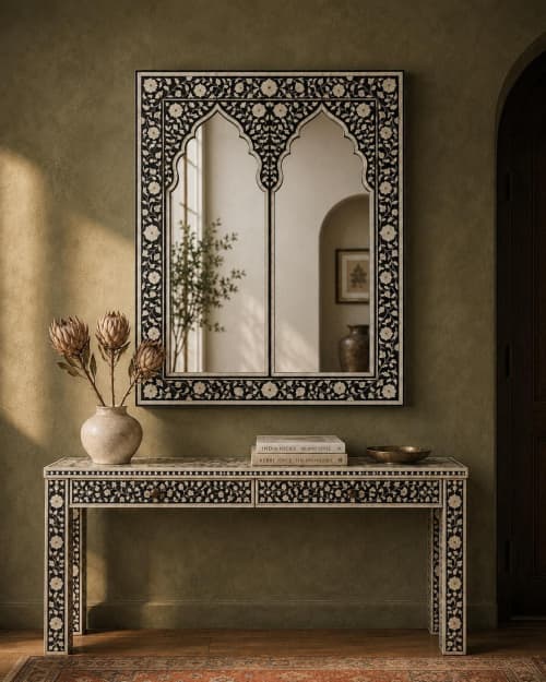 Bone Inlay Mirror Moroccan Arch Wall Mirror Bathroom Vanity Decor | Decorative Objects by IKKAZA. Item compatible with eclectic & maximalism and traditional style