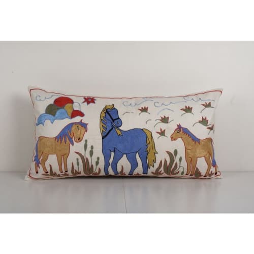 Uzbek Animal Pictorial Suzani Bed Cushion Cover with Animal | Pillows by Vintage Pillows Store