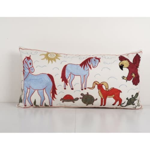 Suzani Long Lumbar Pillow Case Fashioned from a Mid-20th Cen | Cushion in Pillows by Vintage Pillows Store