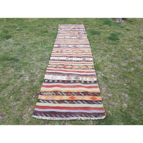 1970s Vintage Turkish Oushak Hallway Kilim Runner | Runner Rug in Rugs by Vintage Pillows Store. Item composed of cotton