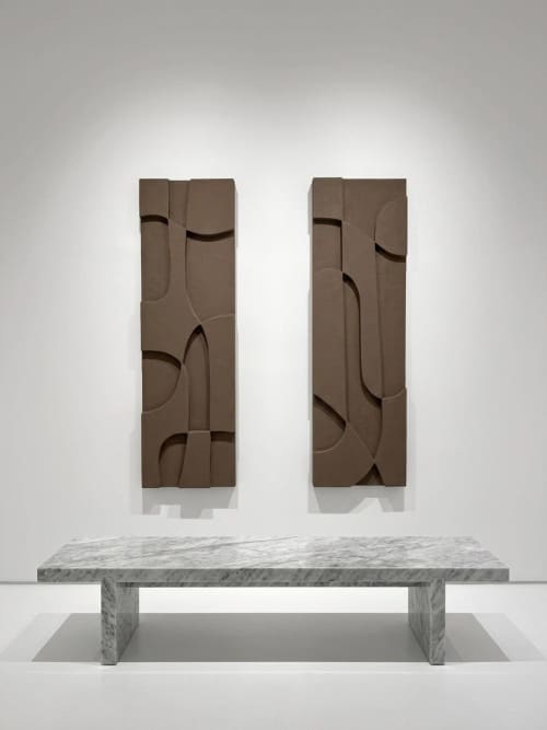 Diptych Wall Art Set (2 pieces) - Modern Textured Plaster Sculptures - Large Brown Decor - Housewarming Gift | Wall Sculpture in Wall Hangings by Vaiva Art Atelier