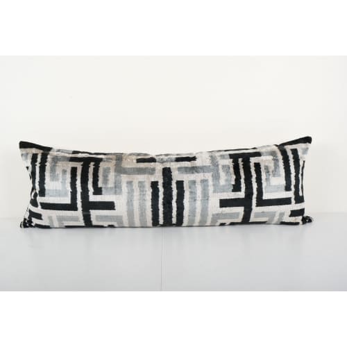 Ikat Lumbar Pillow Cover - Extra Long Beige Silk Ikat Velvet | Cushion in Pillows by Vintage Pillows Store