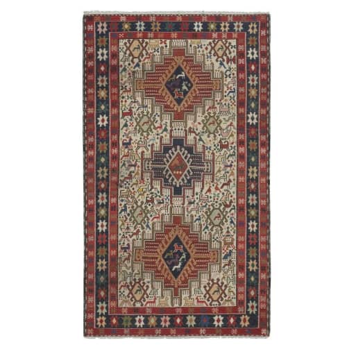 Early 20th Century Red Blue Vintage Animal Soumac Kilim Rug | Area Rug in Rugs by Vintage Pillows Store. Item composed of wool