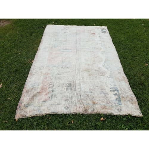 1970s Vintage Large Oushak Turkish Rug With Modern Design | Area Rug in Rugs by Vintage Pillows Store. Item made of cotton with fiber