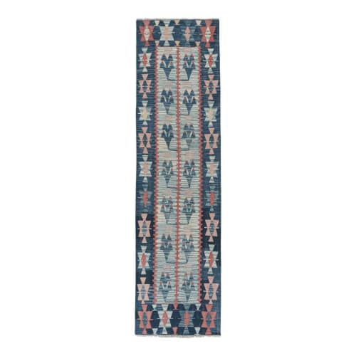 Vintage Wool Pink and Blue Turkish Kilim Rug Runner | Runner Rug in Rugs by Vintage Pillows Store. Item made of wool & fiber