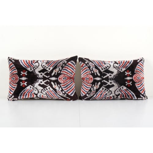 Set of Two Ikat Velvet Pillow, Pair Silk Lumbar Cushion | Pillows by Vintage Pillows Store. Item made of cotton