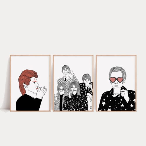 Set of 3 Prints, Elton John, The Beatles, David Bowie | Prints by Carissa Tanton. Item made of paper