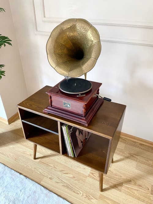 3 Compartments Record Player Stand, Pine Massive Turntable | Media Console in Storage by Picwoodwork. Item made of wood