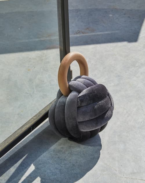 Grey Velvet Knot Door Stop\ Accent Piece | Dowel in Hardware by Knots Studio. Item composed of wood & fabric