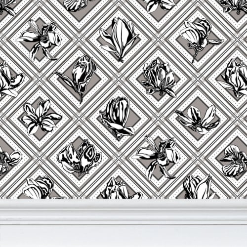 Trellis - Magnolia Flowers - Greyscale - Wallpaper Print | Wall Treatments by Sean Martorana. Item made of paper