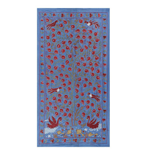 Silk Suzani Blue Table Runner With Pomegranate Design, Anima | Tablecloth in Linens & Bedding by Vintage Pillows Store