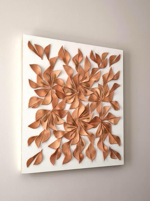 Large 3D Leather Wall Art "Botanica: 6 flowers" — Sculptural Textured Botanical Wall Decor, Handmade | Sculptures by Leather Spring Studio. Item composed of wood and leather in minimalism or mid century modern style