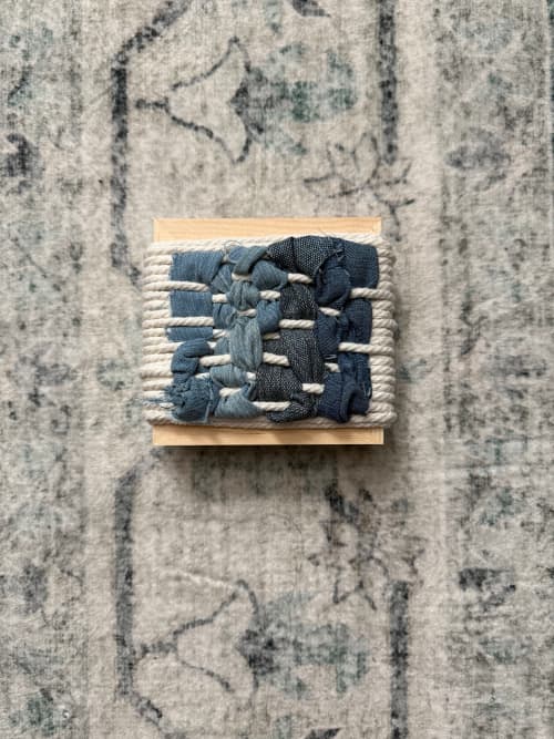 Mini Woven Tile - Denim #2 | Wall Sculpture in Wall Hangings by Mpwovenn Fiber Art by Mindy Pantuso