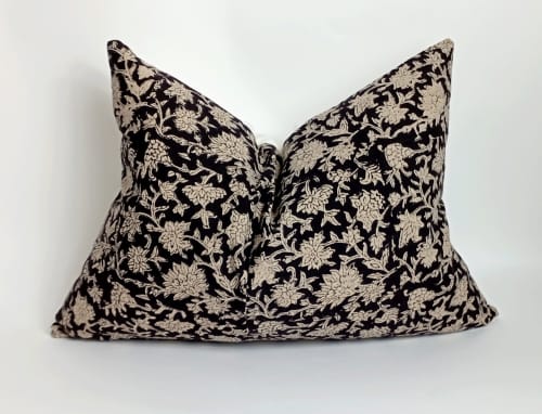 block print pillow, block print black floral pillow, block | Pillows by Velvet Fringe