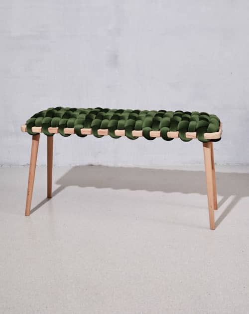 Olive Green Velvet Woven Bench | Benches & Ottomans by Knots Studio. Item made of wood & fabric