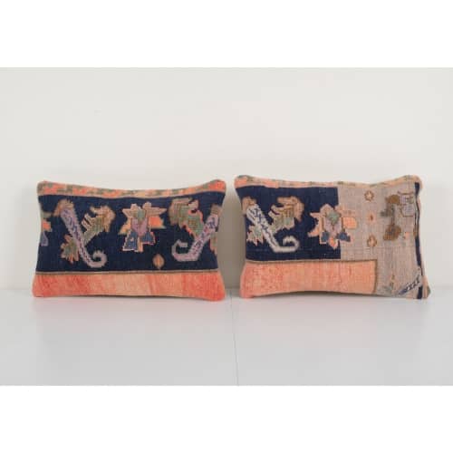 Set of Two Anatolian Carpet Rug Pillow, Matching Blue Lumbar | Sham in Linens & Bedding by Vintage Pillows Store. Item composed of fabric