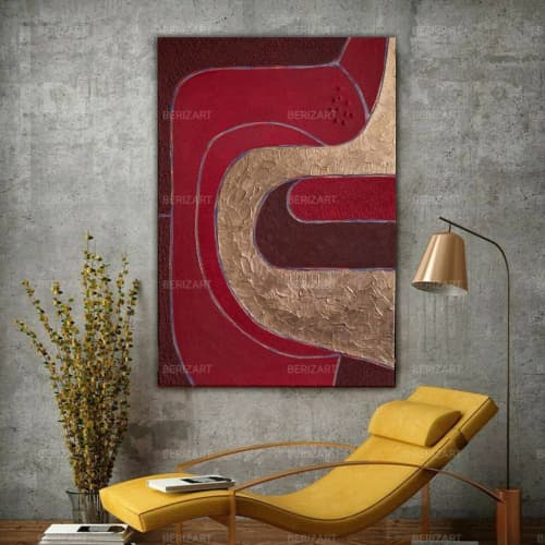 Large abstract burgund red painting 3d textured gold leaf | Oil And Acrylic Painting in Paintings by Berez Art. Item made of canvas works with minimalism & mid century modern style