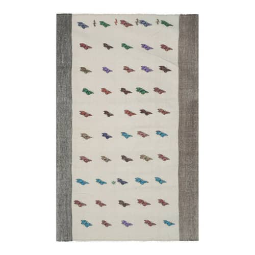 Vintage Aubusson Butterfly Pattern Kilim Rug - Embroided | Runner Rug in Rugs by Vintage Pillows Store. Item composed of cotton and fiber