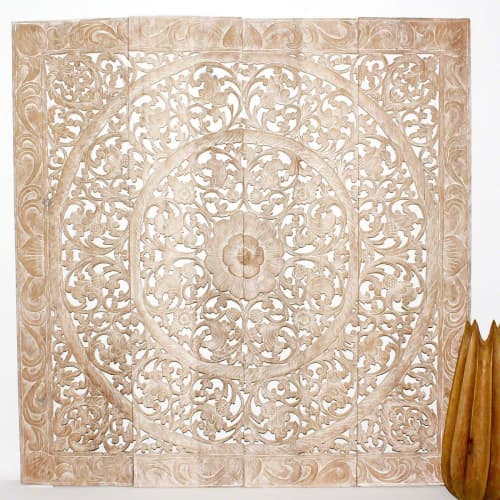 Haussmann® Teak Lotus Panel 48 in x 48 in H-1 Sand Washed | Engraving in Art & Wall Decor by Haussmann®