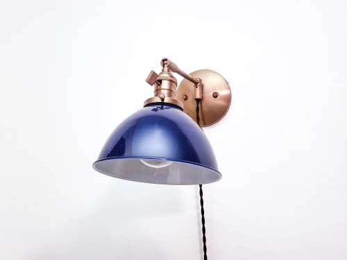 Swing Arm Bedside Reading Wall Light - Antique Brass & Blue | Sconces by Retro Steam Works. Item composed of fabric and brass in mid century modern style