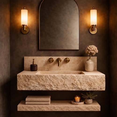 Travertine Stone Sink with Shelf and Backsplash | Water Fixtures by Vero Marble