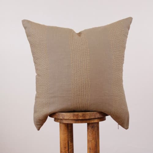 Light Brown Linen with Gold Beading Decorative Pillow 22x22 | Pillows by Vantage Design