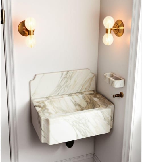 Calacatta Monet Marble Sink with Backsplash | Water Fixtures by AYMARBLEDESIGN LLC