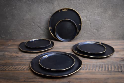 dinner set - gold edge black rustic handmade handcrafted | Plate in Dinnerware by Laima Ceramics. Item made of stoneware works with minimalism & contemporary style