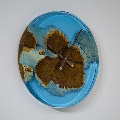 Transparent Blue Epoxy Wall Clock | TigerWoods Atelier | Decorative Objects by TigerWoodAtelier. Item composed of wood in minimalism or contemporary style