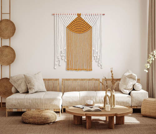 Sun - Minimalist Gold and White Fiber Art | Macrame Wall Hanging in Wall Hangings by Zora Studio. Item composed of cotton in minimalism or contemporary style