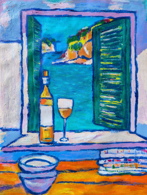 Open Window with Wine Still Life | Oil And Acrylic Painting in Paintings by Berezart. Item composed of canvas in contemporary or mediterranean style