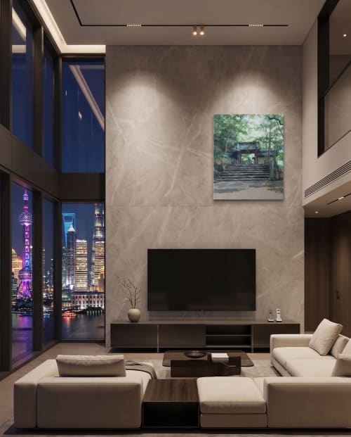 100x80cm Eigen Onsen Japan Landscape Impasto Oil Painting II | Oil And Acrylic Painting in Paintings by Dynasty Artisan. Item made of linen works with contemporary & japandi style