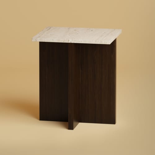 Travertine and Smoked Oak Nightstand - TINOS by Lebanto | Storage by Lebanto. Item made of oak wood with marble works with minimalism & contemporary style