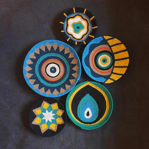 Wicker Evil Eye Wall Plate Set: Boho Maximalist Decor | Decorative Plate in Decorative Objects by Sarmal Design. Item made of cotton compatible with boho and contemporary style
