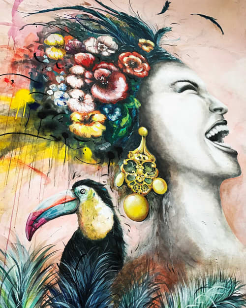 Laughing Brazilian Woman Mural | Street Murals by Elsa Jeandedieu Studio. Item made of synthetic