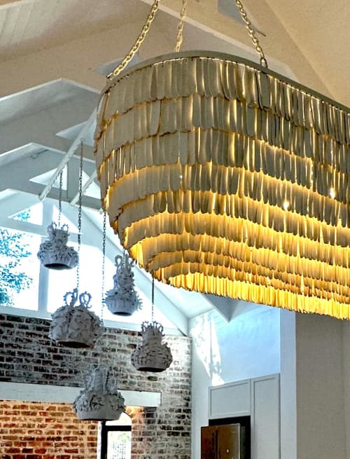 Oval Shaggy | Chandeliers by The Handmade Story. Item made of steel with ceramic works with contemporary & coastal style