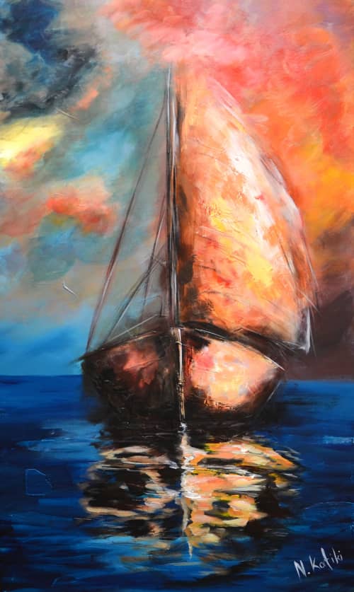 "Boat on fire" original painting, acrylic on canvas, 50X90cm | Oil And Acrylic Painting in Paintings by Niki Katiki. Item made of canvas works with minimalism & contemporary style