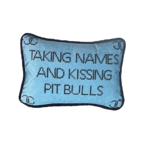 TAKING NAMES AND KISSING PIT BULLS blue velvet custom pillow | Cushion in Pillows by Mommani Threads | Cotswold Marketplace in Charlotte. Item composed of fabric in contemporary or traditional style