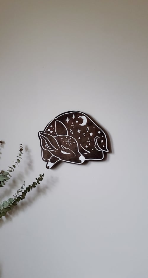 sleeping deer wood wall art, woodland nursery room decor | Wall Sculpture in Wall Hangings by Studio Wildflower. Item composed of walnut in boho or country & farmhouse style