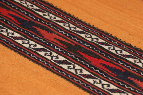 Vintage Afghan Kilim in Gold with Stripes & Geometric | Area Rug in Rugs by Rug and Kilim. Item made of wool